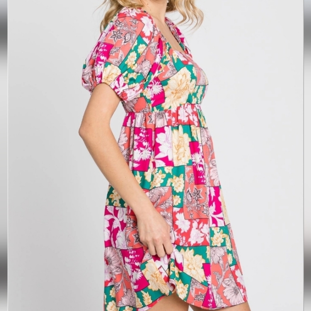 GeeGee Patchwork Floral Puff Sleeve Dress Size M - Picture 11 of 15